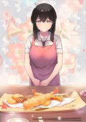1girl, apron, bangs, black hair, bowl, chopsticks, closed mouth, collarbone, commentary request, cooking, dermar, eyebrows visible through hair, floral background, flower, food, fried fish, grey eyes, hair between eyes, hands together, highres, looking at viewer, original, pink apron, plate, school uniform, shirt, short sleeves, shrimp, shrimp tempura, signature, smile, solo, standing, table, tempura, uniform, white shirt