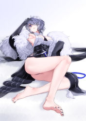 Rule 34 | 1girl, arknights, bare legs, barefoot, black dress, black gloves, black nails, breasts, breath, center opening, commentary, crossed legs, dress, elbow gloves, eyepatch, foot focus, foreshortening, full body, fur shawl, gloves, grey background, hair between eyes, hair ornament, hand on own head, highres, legs, looking at viewer, lying, medical eyepatch, medium breasts, nail polish, official alternate costume, on side, open mouth, panties, panty peek, pelvic curtain, purple eyes, purple hair, shawl, short hair, side slit, simple background, sleeveless, sleeveless dress, smile, solo, thighs, toenail polish, toenails, underwear, whisperain (arknights), whisperain (tremble cold) (arknights), x hair ornament, yamauchi (conan-comy)