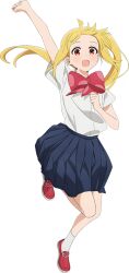 Rule 34 | 1girl, ahoge, arm up, blonde hair, blue skirt, bocchi the rock!, bow, bowtie, collared shirt, dot nose, full body, hand up, ijichi nijika, leg up, long hair, long sleeves, looking at viewer, miniskirt, official art, open mouth, outstretched arm, pleated skirt, red bow, red bowtie, red eyes, red footwear, school uniform, shimokitazawa high school uniform, shirt, shoes, short sleeves, side ponytail, sidelocks, skirt, smile, sneakers, socks, solo, standing, standing on one leg, tachi-e, tareme, transparent background, white shirt, white socks