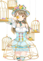 Rule 34 | 1girl, absurdres, arm behind back, blue shorts, breasts, brown eyes, brown hair, cleavage, collarbone, detached sleeves, earrings, flower, frilled shorts, frills, hand over eye, hat, hat flower, highres, hokuotzu, jewelry, long hair, looking at viewer, love live!, love live! school idol festival, love live! school idol project, medium breasts, minami kotori, pink flower, polka dot, puffy shorts, purple flower, see-through, shorts, simple background, solo, standing, striped clothes, striped headwear, swept bangs, thigh strap, white background, yellow flower