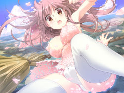 Rule 34 | 1girl, bad id, bad pixiv id, blush, breasts, broom, brown eyes, cameltoe, cherry blossoms, cloud, day, flower, flying, girl m, hougu souji, large breasts, long hair, open mouth, original, outdoors, panties, petals, pink hair, sky, solo, thighhighs, underwear, white panties, white thighhighs
