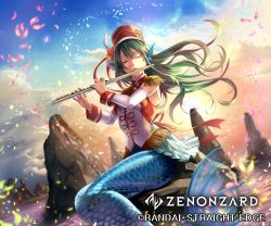 Rule 34 | 1girl, blue sky, bow, breasts, closed eyes, company name, copyright name, day, detached sleeves, epaulettes, fins, flute, green hair, hat, hat bow, hat feather, head fins, i-la, instrument, long hair, long sleeves, mermaid, monster girl, music, official art, outdoors, petals, playing instrument, red hat, sky, small breasts, solo, very long hair, water, watermark, zenonzard