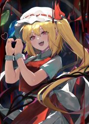 Rule 34 | 1girl, :d, absurdres, blonde hair, blood, bow, collared shirt, commentary, cowboy shot, crystal, fangs, fingernails, flandre scarlet, hair between eyes, hands up, hat, hat ribbon, heart, heart hands, highres, kurowa (curowa), laevatein (touhou), long hair, looking at viewer, mob cap, nail polish, open mouth, pink nails, red eyes, red ribbon, red skirt, red vest, ribbon, shirt, short sleeves, side ponytail, skirt, skirt set, smile, solo, teeth, tongue, touhou, very long hair, vest, waist bow, white bow, white hat, white shirt, wings, wrist cuffs
