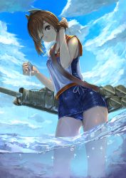 Rule 34 | 10s, 1girl, bare shoulders, brown eyes, brown hair, covered navel, highres, i-401 (kancolle), kantai collection, koruse, looking at viewer, one-piece swimsuit, one eye closed, personification, ponytail, sailor collar, school swimsuit, seashell, shell, shiny clothes, short hair, short ponytail, soaking feet, solo, swimsuit, wading, water, wet, wet clothes
