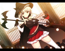 Rule 34 | 1girl, blonde hair, cat, daiaru, gloves, halloween, hat, letterboxed, original, pointy ears, short hair, solo, staff, thighhighs, witch hat, yellow eyes