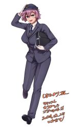 Rule 34 | 1girl, aoba asahi, aoba asahi (cosplay), bag, black hat, black necktie, blue jacket, blue pants, collared shirt, commission, cosplay, dated, dress shirt, female service cap, formal, full body, hat, highres, holding, holding clothes, holding hat, ikadamo, jacket, name connection, necktie, pants, ponytail, purple hair, shirt, short hair, simple background, skeb commission, solo, striped necktie, suit, suit jacket, tetsudou musume, white background, white shirt