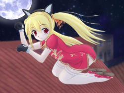 Rule 34 | 1girl, :3, alternate hair color, animal ears, blonde hair, cat ears, china dress, chinese clothes, dress, gloves, kooh, long hair, moon, night, pangya, paw pose, red eyes, ribbon, socks, solo, thighhighs, twintails