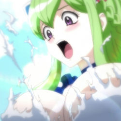 Rule 34 | 1boy, blush, breasts, censored, cleavage, convenient censoring, green hair, highres, ixion saga, large breasts, mariandale, newhalf, stitched, surprised, third-party edit, torn clothes, trap