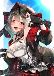 Rule 34 | 1girl, absurdres, animal hood, black collar, black hair, blush, bow, breasts, camisole, cleavage, collar, fang, fingerless gloves, frilled camisole, frills, gloves, grey hair, hair ornament, heart collar, heart pendant, highres, hololive, holox, hood, kagu (a hazy moon), large breasts, medium hair, multicolored hair, nail polish, off-shoulder jacket, off shoulder, orca hood, plaid, plaid bow, plaid skirt, red eyes, red nails, sakamata chloe, signature, skirt, solo, virtual youtuber, white camisole, x hair ornament