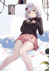 Rule 34 | 1girl, absurdres, bare legs, black sweater, blurry, blurry foreground, blush, braid, breasts, chinese commentary, closed mouth, commentary request, feet out of frame, flower, genshin impact, green eyes, hair flower, hair ornament, hands on own chest, highres, knees together feet apart, long sleeves, looking at viewer, medium breasts, medium hair, miniskirt, noelle (genshin impact), on bed, petals, photo (object), pink skirt, pleated skirt, red flower, red rose, rose, silver hair, sitting, skirt, slime (genshin impact), solo, sweater, thighs, yajuu, yarn, yarn ball
