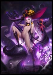 Rule 34 | 1girl, abigail williams (fate), arched back, bow, censored, fate/grand order, fate (series), feet, glowing, hat, hat bow, highres, key, light purple hair, lips, long hair, mosaic censoring, multiple bows, multiple hat bows, navel, nipples, nude, pale skin, pussy, red eyes, sarena, smile, staff, stuffed animal, stuffed toy, teddy bear, tentacles, tiptoes, underwear