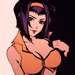 Rule 34 | 1girl, adjusting clothes, bare shoulders, black background, bob cut, breasts, cleavage, cowboy bebop, faye valentine, green eyes, hair slicked back, hairband, high contrast, lipstick, looking at viewer, makeup, medium breasts, midriff, moshimoshibe, parted lips, purple hair, red lips, shirt, short hair, simple background, smile, solo, upper body, white background, yellow hairband, yellow shirt