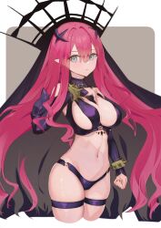 Rule 34 | 1girl, absurdres, baobhan sith (fate), baobhan sith (second ascension) (fate), bare shoulders, black panties, bracelet, breasts, bridal gauntlets, detached sleeves, fate/grand order, fate (series), grey eyes, highres, jewelry, large breasts, long hair, looking at viewer, navel, panties, pink hair, pointy ears, revealing clothes, sidelocks, solo, spiked bracelet, spikes, thigh strap, thighs, tiara, underwear, ura illust, veil