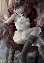 Rule 34 | 1girl, ascot, black gloves, bloodborne, blue eyes, boots, breasts, bustier, frills, garter belt, gloves, hat, hat feather, lady maria of the astral clocktower, lingerie, lips, long hair, looking at viewer, medium breasts, olesyaspitz, ponytail, sitting, solo, thighhighs, tricorne, underwear, watermark, web address, white hair, white thighhighs