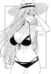 Rule 34 | 1girl, bikini, blush, breasts, commentary request, dated, grey background, greyscale, hair between eyes, hat, highres, kichihachi, large breasts, long hair, looking away, looking to the side, monochrome, navel, open mouth, original, side-tie bikini bottom, simple background, solo, straw hat, swimsuit, twitter username, two-tone background, white background