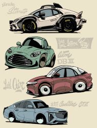Rule 34 | artist name, aston martin, aston martin db12, cadillac, cadillac ct6, car, chibi, commentary, english commentary, from side, highres, lamborghini, lamborghini huracan, lucid air, making-of available, motor vehicle, no humans, original, simple background, vehicle focus, vehicle name, will pierce