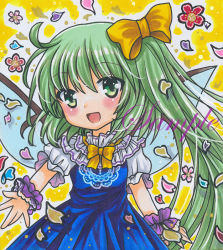 Rule 34 | 1girl, :d, ahoge, bare arms, blue dress, blush, bow, bowtie, cowboy shot, daiyousei, dot nose, dress, fairy wings, floral background, flower, frilled cuffs, frilled dress, frilled shirt collar, frills, green eyes, green hair, hair bow, lace, lace-trimmed dress, lace trim, long hair, looking at viewer, marker (medium), open mouth, petals, pink flower, puffy short sleeves, puffy sleeves, red flower, rui (sugar3), sample watermark, short sleeves, side ponytail, smile, solo, standing, straight hair, touhou, traditional media, very long hair, watermark, white sleeves, wings, wrist cuffs, yellow background, yellow bow, yellow bowtie