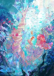 Rule 34 | 1girl, air bubble, animal, bubble, chinese zodiac, commentary, coral reef, cupping hands, eye contact, fins, fish, frilled sleeves, frills, from side, full body, glint, hands up, head fins, headdress, highres, jamu (yakinikuoi4), jewelry, layered sleeves, long sleeves, looking at animal, looking at another, nude, ocean, original, own hands together, profile, red hair, ring, school of fish, seahorse, seahorse girl, seaweed, short hair, smile, symbol-only commentary, taur, underwater, year of the dragon