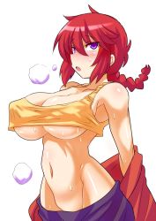Rule 34 | 1girl, arms at sides, braid, braided ponytail, breasts, covered erect nipples, female focus, gender request, genderswap, konno tohiro, large breasts, long hair, navel, purple eyes, ranma-chan, ranma 1/2, red hair, saotome ranma, single braid, solo, sweat, underboob, undressing