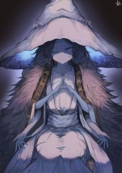 Rule 34 | 1girl, absurdres, backlighting, blue eyes, blue hair, blue hat, blue skin, chair, cloak, closed mouth, colored skin, elden ring, extra arms, facial mark, fur cloak, fur trim, glowing, grey hat, hat, highres, kimura gin, light particles, long hair, looking at viewer, one eye closed, open hand, own hands together, ranni the witch, signature, sitting, solo, two-tone headwear, witch hat