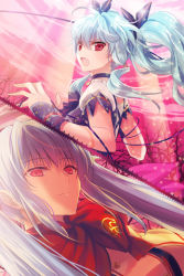 Rule 34 | 2girls, blue hair, detached sleeves, gs 7th star, hair ribbon, linus falco, long hair, lowres, luthica preventer, multiple girls, open mouth, outstretched hand, red eyes, reum, ribbon, scarf, sword girls, twintails, white hair