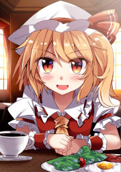 Rule 34 | 1girl, ascot, blonde hair, blush, cherry tomato, commentary request, cup, curtains, e.o., egg, egg (food), flandre scarlet, food, frills, hat, hat ribbon, highres, looking at viewer, mob cap, open mouth, plate, puffy short sleeves, puffy sleeves, red curtains, red eyes, red ribbon, ribbon, short sleeves, side ponytail, smile, solo, sunny side up egg, table, teacup, tomato, touhou, window, wrist cuffs, yellow ascot