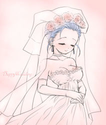 Rule 34 | 1girl, bare shoulders, blue hair, blush, breasts, bridal veil, chiru, choker, cleavage, dragon quest, dragon quest v, dress, earrings, elbow gloves, closed eyes, flora (dq5), flower, gloves, hair flower, hair ornament, hair up, jewelry, medium breasts, rose, smile, solo, strapless, strapless dress, veil, wedding dress