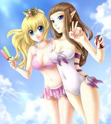 Rule 34 | 2girls, bikini, bikini skirt, blonde hair, blue eyes, breasts, brown hair, can, casual one-piece swimsuit, cleavage, cloud, company connection, covered navel, crown, day, drink, drink can, female focus, food, hand up, highres, large breasts, long hair, looking at viewer, mario (series), medium breasts, midriff, multiple girls, navel, nintendo, one-piece swimsuit, pink bikini, pointy ears, ponytail, popsicle, princess peach, princess zelda, sky, soda can, standing, strapless, super smash bros., swimsuit, the legend of zelda, the legend of zelda: twilight princess, v, white one-piece swimsuit, yuino (fancy party)