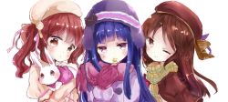 Rule 34 | 3girls, :o, ;), animal, bad id, bad pixiv id, beanie, beret, blue hair, blush, brown dress, brown eyes, brown hair, brown headwear, closed mouth, coat, commentary request, dress, fringe trim, hat, heart, highres, holding, holding animal, idolmaster, idolmaster cinderella girls, juliet sleeves, layered sleeves, long hair, long sleeves, looking at viewer, multiple girls, ogata chieri, one eye closed, parted lips, puffy short sleeves, puffy sleeves, purple coat, purple eyes, purple headwear, purple scarf, rabbit, sajo yukimi, scarf, short eyebrows, short over long sleeves, short sleeves, simple background, smile, star (symbol), tachibana arisu, thick eyebrows, tsukiyo (skymint), twintails, upper body, white background