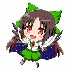 Rule 34 | 1girl, :d, arm cannon, asymmetrical footwear, bird wings, black hair, black wings, blush, bow, cape, chibi, frilled shirt collar, frills, full body, green bow, green skirt, hair bow, honda takaharu, jpeg artifacts, long hair, looking at viewer, lowres, mismatched footwear, open mouth, puffy short sleeves, puffy sleeves, red eyes, reiuji utsuho, shirt, short sleeves, skirt, smile, solo, third eye, touhou, weapon, white background, wings, yellow shirt