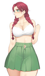 Rule 34 | 1girl, absurdres, blush, braid, breasts, cleavage, clothing cutout, collarbone, cowboy shot, crop top, green eyes, green skirt, hand up, highres, isher (liangzi tai hongcha), large breasts, liangzi tai hongcha, long hair, looking to the side, midriff, miniskirt, narrow waist, navel, navel cutout, navel piercing, nose blush, original, parted lips, piercing, pleated skirt, simple background, skirt, slit pupils, solo, twin braids, white background, wide hips