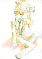 Rule 34 | 1boy, alphonse elric, apiyochi, arm support, black footwear, blonde hair, blue neckwear, blush, bouquet, closed mouth, collared shirt, colored pencil (medium), commentary request, facing viewer, flower, formal, fullmetal alchemist, gradient background, grey jacket, grey pants, hair between eyes, hand up, happy, high collar, holding, holding bouquet, jacket, leg up, looking to the side, male focus, necktie, open clothes, open jacket, orange background, orange flower, orange ribbon, painting (medium), pale color, pants, petals, pink background, red flower, ribbon, shaded face, shirt, simple background, sitting, smile, suit, tareme, traditional media, watercolor (medium), white background, white shirt, yellow eyes