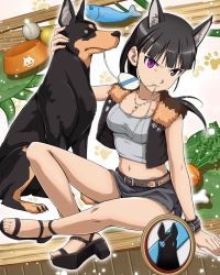 Rule 34 | 1girl, animal ears, breasts, dog, eyepatch, female focus, navel, official art, plant, sakamoto mio, sitting, solo, strike witches, world witches series