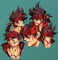 Rule 34 | 1boy, :p, brown hair, collage, collarbone, expressions, face, guilty gear, headgear, long hair, male focus, multiple views, muscular, na insoo, open clothes, pelvic curtain, ponytail, shiny skin, simple background, sol badguy, spiked hair, tongue, tongue out, yellow eyes