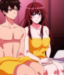 1boy 1girl anehame_ore_no_hatsukoi_ga_jisshi_na_wake_ga_nai blush breasts brother_and_sister brown_hair cleavage completely_nude erection erection_under_towel highres hotel_room incest large_breasts looking_back mole mole_under_eye nude penis purple_eyes sakagami_rio siblings subtitled teasing towel towel_over_breasts