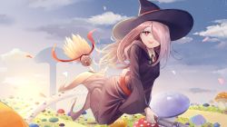 Rule 34 | 1girl, broom, flying, hair over one eye, hat, highres, kou futoshi, little witch academia, long hair, open mouth, red eyes, solo, sucy manbavaran, witch hat