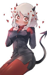 Rule 34 | 1girl, black horns, black tail, blush, breasts, business suit, demon girl, demon horns, demon tail, epi zero, facing away, formal, hair between eyes, hands on own chest, heart, heart-shaped pupils, helltaker, highres, horns, looking at viewer, modeus (helltaker), pantyhose, parted bangs, pencil skirt, red eyes, red pantyhose, red sweater, ribbed sweater, simple background, skirt, solo, suit, sweater, symbol-shaped pupils, tagme, tail, white background, white hair