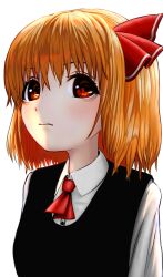 Rule 34 | 1girl, absurdres, ascot, black vest, blonde hair, blush, closed mouth, hair ribbon, highres, isago ganma, looking at viewer, red ascot, red eyes, red ribbon, ribbon, rumia, shirt, short hair, shy, solo, touhou, upper body, vest, white background, white shirt