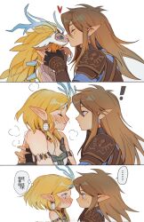 Rule 34 | 1boy, 1girl, archaic set (zelda), blonde hair, blue eyes, blush, breasts, brown hair, cleavage, closed eyes, comic, corrupted twitter file, dragon, dragon girl, dragon horns, dress, elf, embarrassed, face-to-face, gloves, heart, highres, horns, hug, kiss, light dragon (zelda), link, long hair, medium breasts, nintendo, pointy ears, princess zelda, shuo yue, sidelocks, speech bubble, spoken heart, standing, surprised, sweat, the legend of zelda, the legend of zelda: tears of the kingdom, thought bubble, transformation, translation request