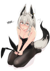 Rule 34 | 1girl, ^^^, absurdres, ahoge, animal ear fluff, animal ears, black leotard, black pantyhose, blush, braid, breasts, cleavage, commentary request, constricted pupils, earrings, ears up, fake animal ears, fox ears, fox girl, fox tail, green eyes, hair between eyes, highres, hololive, jewelry, leotard, long hair, looking at viewer, medium breasts, micon, open mouth, pantyhose, pentagram, playboy bunny, rabbit ears, seiza, shirakami fubuki, sidelocks, simple background, single braid, sitting, solo, sweatdrop, tail, virtual youtuber, white background, white hair