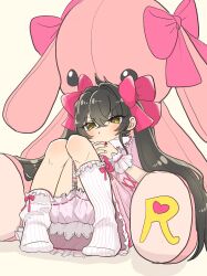 Rule 34 | 1girl, black hair, bloomers, bow, bright pupils, dress, frilled wristband, frown, hair between eyes, hair bow, highres, idolmaster, idolmaster cinderella girls, interlocked fingers, knees up, leaning back, leaning on object, long hair, looking at viewer, matoba risa, nigirimeshi8055, oversized object, own hands together, pink bloomers, pink dress, ribbed socks, simple background, socks, solo, stuffed animal, stuffed rabbit, stuffed toy, twintails, underwear, v-shaped eyebrows, very long hair, white background, white pupils, white socks, yellow eyes