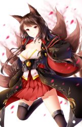 Rule 34 | 1girl, akagi (azur lane), animal ears, azur lane, black hair, breasts, cleavage, fox ears, fox tail, highres, japanese clothes, large breasts, long hair, looking at viewer, red eyes, smile, solo, tail, thighhighs, wsman