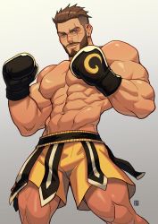 Rule 34 | 1boy, abs, absolum art, bara, bare pectorals, beard, blue eyes, borrowed character, boxing gloves, boxing shorts, brown hair, bulge, commission, cowboy shot, facial hair, gradient background, highres, large pectorals, male focus, manly, muscular, navel, nipples, original, pectorals, scar, scar on face, short hair, shorts, smile, solo, thighs
