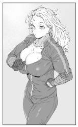 Rule 34 | 1girl, bandaged arm, bandages, breasts, dorohedoro, earclip, earrings, gloves, greyscale, hand on own hip, highres, inconvenient breasts, jewelry, large breasts, long hair, monochrome, noi (dorohedoro), partially unzipped, solo, stud earrings, sweat, track suit, urec, zipper pull tab, zipping