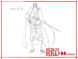 Rule 34 | 1boy, abs, absurdres, character name, character sheet, dated, facial hair, full body, highres, holding, holding sword, holding weapon, looking at viewer, monochrome, oda eiichirou, official art, one piece, one piece film: red, open clothes, open shirt, pectorals, sandals, scar, scar across eye, scar on face, shanks (one piece), short hair, simple background, smile, solo, standing, sword, title, weapon