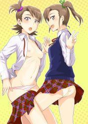 Rule 34 | 2girls, ass, breasts, brown eyes, brown hair, clothes pull, flipped hair, frottage, futami ami, futami mami, idolmaster, idolmaster (classic), looking back, miniskirt, multicolored clothes, multicolored skirt, multiple girls, no bra, open clothes, open shirt, panties, panty pull, pantyshot, plaid, plaid skirt, pleated skirt, school uniform, shirt, short hair, siblings, side ponytail, sisters, skirt, skirt pull, small breasts, standing, sweater vest, tsurui, twins, underwear, undressing, v
