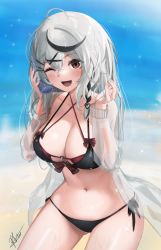 Rule 34 | 1girl, ;d, ahoge, bikini, black bikini, bottle, braid, breasts, chaciooh, cleavage, collarbone, commentary request, criss-cross halter, front-tie bikini top, front-tie top, gluteal fold, grey hair, hair ornament, hairclip, halterneck, hands up, highres, hololive, jacket, large breasts, layered bikini, long hair, long sleeves, looking at viewer, multi-strapped bikini, multicolored hair, navel, one eye closed, open clothes, open jacket, open mouth, red eyes, resolution mismatch, revision, sakamata chloe, see-through, side-tie bikini bottom, smile, solo, source smaller, stomach, streaked hair, string bikini, swimsuit, thighs, virtual youtuber, water bottle, wet, white jacket, x hair ornament