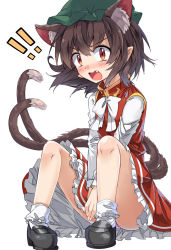 Rule 34 | !, !!, 1girl, animal ears, ass, black footwear, blush, bow, bowtie, brown hair, cat ears, cat tail, chen, commentary request, dress, e.o., embarrassed, extra ears, fang, green hat, hat, highres, loafers, long sleeves, mob cap, multiple tails, open mouth, panties, petticoat, pink panties, pointy ears, red dress, red eyes, shirt, shoes, short hair, simple background, sitting, socks, solo, tail, thighs, touhou, two tails, underwear, v-shaped eyebrows, v arms, white background, white bow, white bowtie, white shirt, white socks