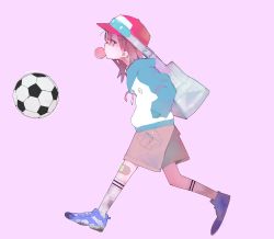 Rule 34 | 1girl, ankle socks, bad id, bad pixiv id, bag, ball, bandaid, bandaid on knee, bandaid on leg, baseball cap, blowing bubbles, blue footwear, blue hoodie, blue jacket, brown hair, brown shorts, character request, chewing gum, copyright request, dirty socks, drawstring, from side, hageshii nakano, hands in pockets, hat, highres, hood, hood down, hooded jacket, hoodie, jacket, kneehighs, looking at viewer, looking to the side, medium hair, multicolored clothes, multicolored footwear, multicolored hoodie, pink background, pink hat, print clothes, print hoodie, shoes, shorts, simple background, sneakers, soccer ball, soccer ball print, socks, solo, sportswear, standing, walking, white bag, white socks