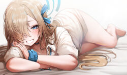 Rule 34 | 1girl, absurdres, asuna (blue archive), asymmetrical bangs, bare legs, barefoot, bed sheet, blue archive, blush, collarbone, crossed arms, doyoon 7, fingernails, hair over one eye, halo, highres, light brown hair, looking at viewer, lying, nail polish, no pants, one eye covered, school uniform, scrunchie, shirt, smile, solo, white shirt, wrist scrunchie